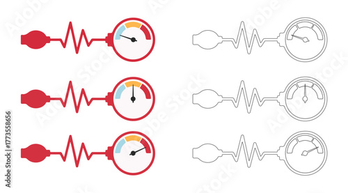 Electric signal and gauge icon set. Editable vector illustration of energy levels and waveform comparison. EPS power monitoring pack