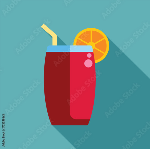 Glass of vibrant red cocktail featuring an orange slice and straw, set against a turquoise backdrop