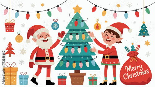Joyful santa claus and elf decorating a festive christmas tree with presents and garland lights