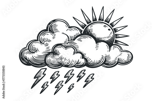 Hand-drawn sun behind clouds with falling lightning strikes