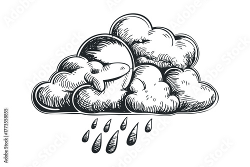 Stormy cloud with falling raindrops in sketch style