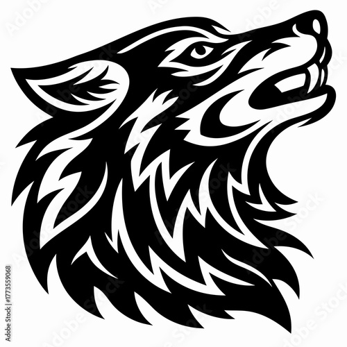 Powerful black and white vector illustration of a stylized howling wolf's head in profile