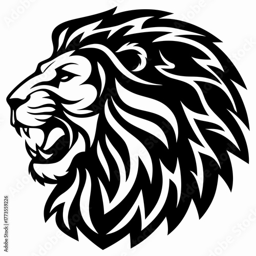 Stylized Black and White Vector Graphic of a Roaring Lion's Head