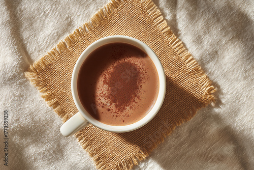 Overhead mug of hot chocolate on linen placemat with cinnamon dusting