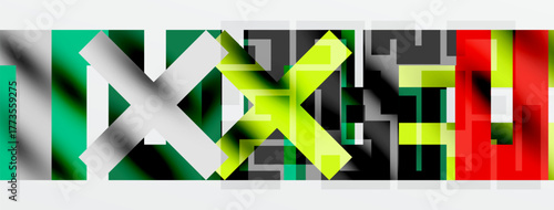 Abstract geometric shapes, vibrant colors, overlapping forms create modern digital art. Green, yellow, red dominate composition.