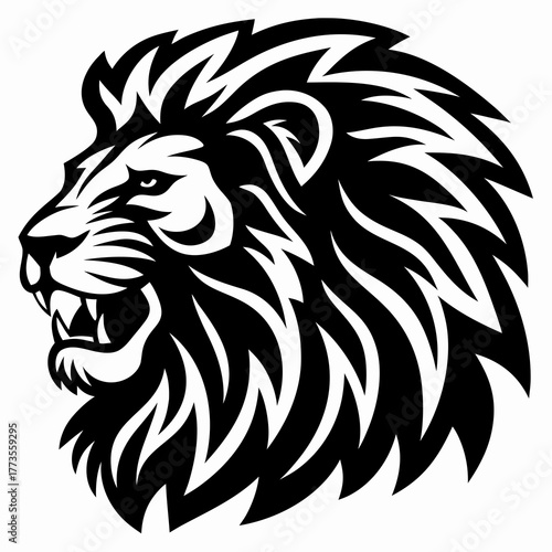A fierce lion head mascot in a black and white tribal vector art style