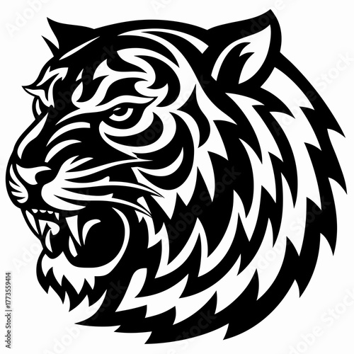 A black and white vector illustration of a fierce tiger head mascot