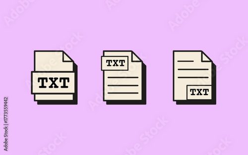 Set of retro style TXT file icons of plain text document formats with labels and minimal interface design. Flat Style Vector Illustration Isolated on background.