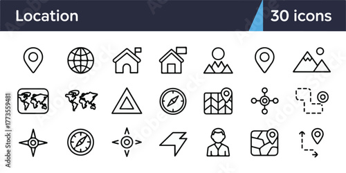 A set of 27 minimalist location, navigation, and map line icons with compass, pin, globe, and route symbols on white background, modern geometric design.