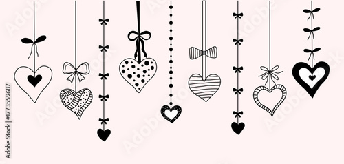 Charming hand drawn vector illustration with various hanging hearts, bows, and strings in doodle style. For Valentine’s Day, romantic cards, invitations, social media, posters, and creative projects.