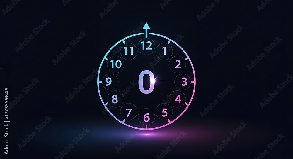Fototapeta premium Neon Clock Displaying Zero Hour on Dark Background.