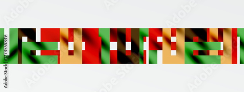 Abstract colorful pattern. Rectangles overlap, creating visual texture. Green, red, beige dominate composition. Simple design.