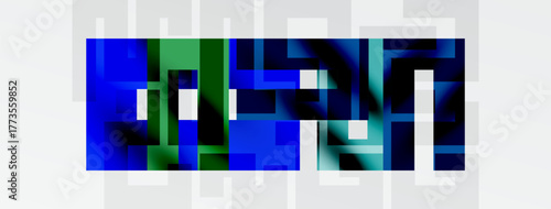 Pixelated text spells OPEN. Blue, green hues dominate rectangular blocks against white, black background. Minimalist design.