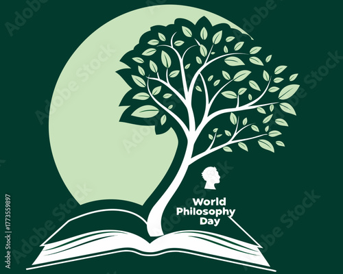 World Philosophy Day Illustration A Tree Growing from an Open Book Against a Circular Background