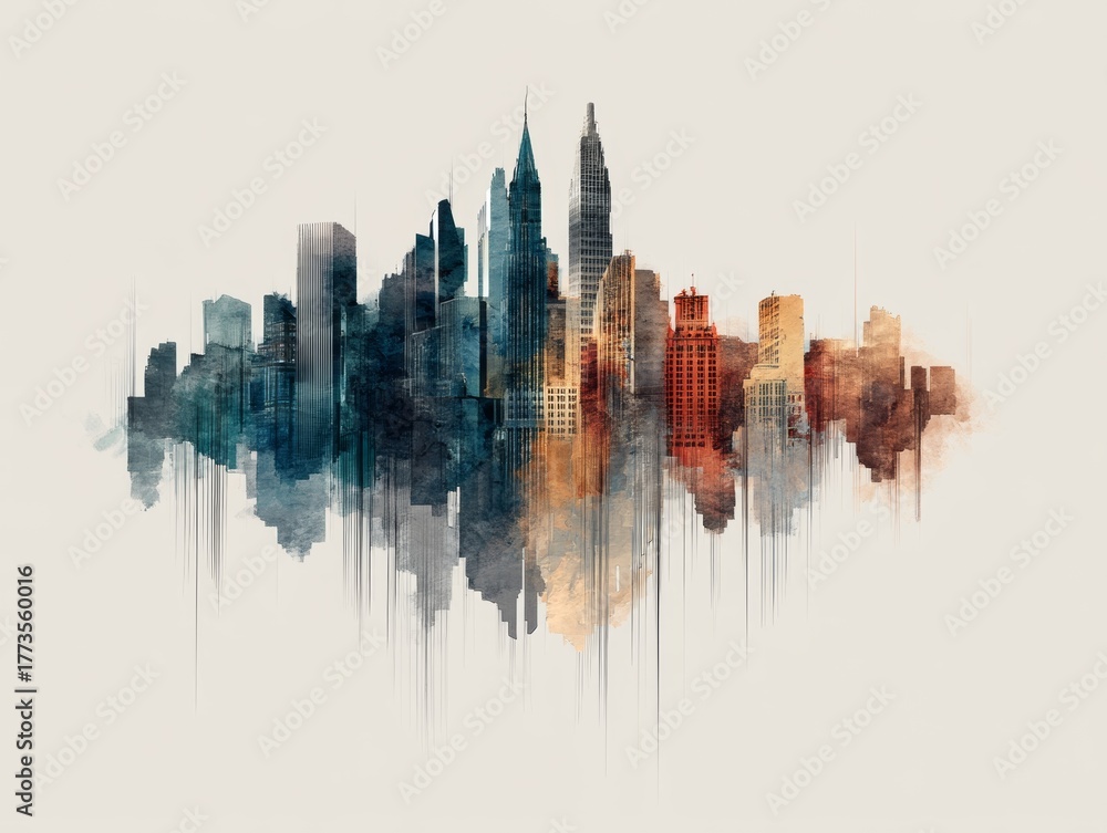 Obraz premium Watercolor urban landscape illustration of a vibrant cityscape panorama