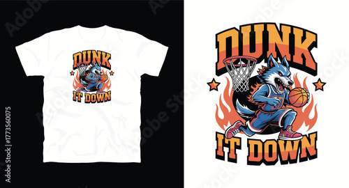 Dunk It Down Illustration Wolf Graphic Design Apparel T-shirt Artwork Basketball Sport Vector Art for Fashion Print