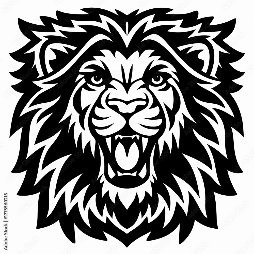Fototapeta premium Intense Black and White Vector Illustration of a Roaring Lion's Head