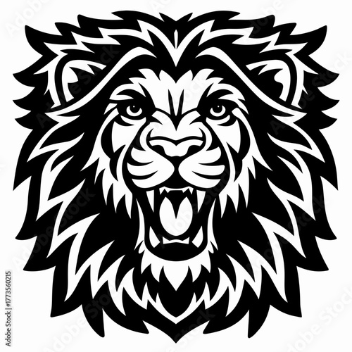Intense Black and White Vector Illustration of a Roaring Lion's Head