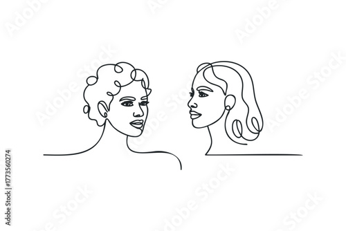 Line drawing portraits of two women facing each other
