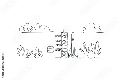 Rocket launchpad with spacecraft and atmospheric elements