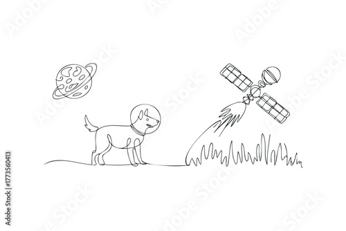 Dog astronaut explores alien planet with satellite