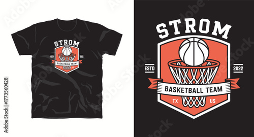 Strom Basketball Team Shield Logo Design Sport Graphic for Apparel and Fan Merchandise Vintage Style with Ribbon and Net 2022