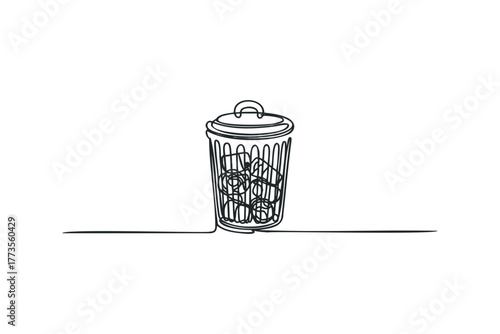One line drawing of a trash can filled with crumpled paper
