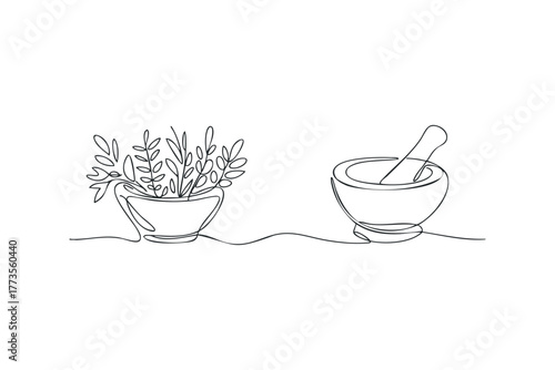 Herbal ingredients and mortar pestle on white background