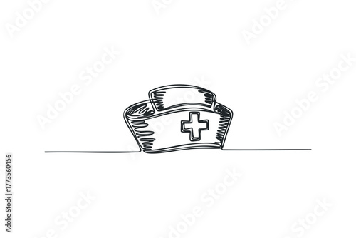 Single Line Drawing Nurse Cap with Cross Symbol