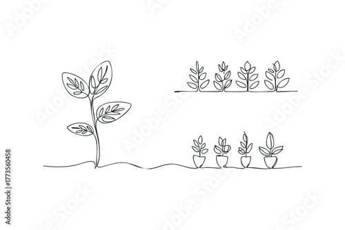 Single line drawing of growing plant and potted sprouts