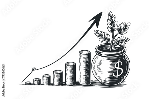 Plant growing from money bag with increasing financial graph