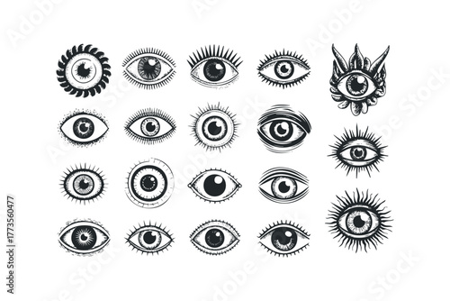 Collection of stylized eye icons and symbols