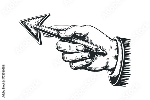 Hand holding an arrow pointing upwards and forwards