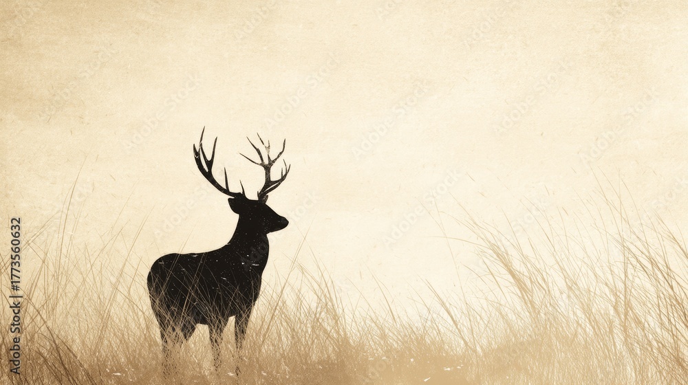 Obraz premium Deer silhouette in tall grass with sepia vintage texture background