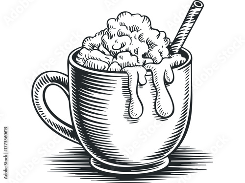 Hot chocolate mug with whipped cream, wafer stick