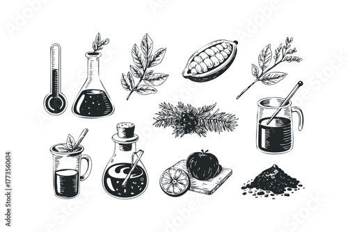 Herbal ingredients and scientific tools collection