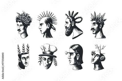 Eight Distinct Profile Portraits of People with Elaborate Headwear