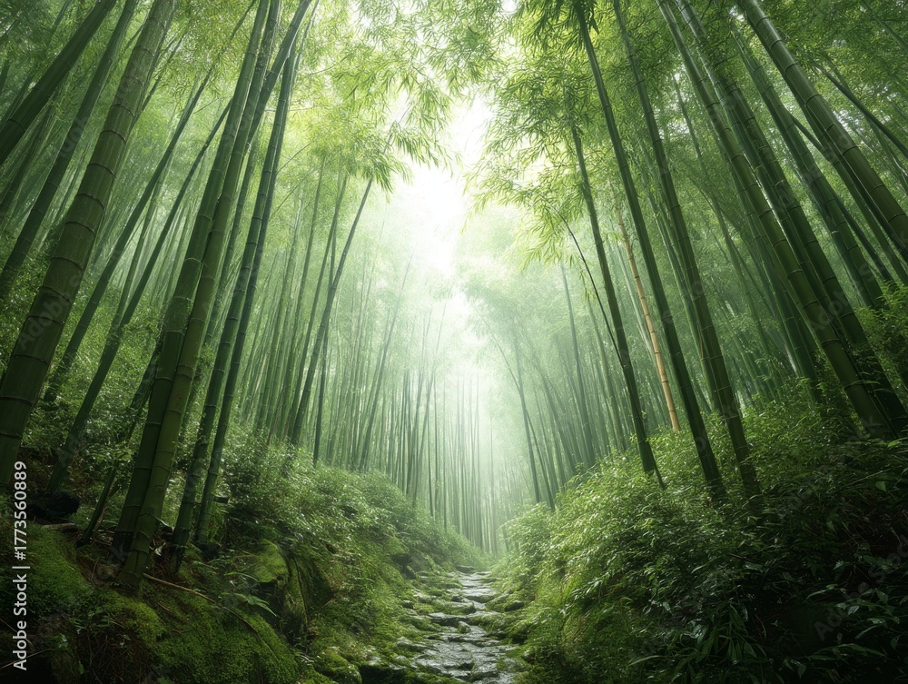 Fototapeta premium Lush bamboo forest with stone path and soft light evoking tranquility