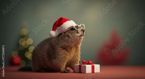 Festive groundhog, wearing a santa hat and glasses, with a gift box and Christmas tree in the background.