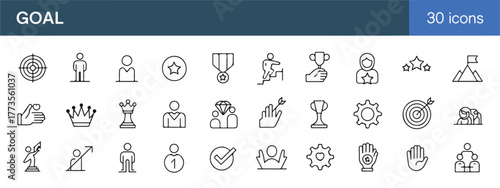 Business success icon set, line style, linear symbols for strategy, goals, target, process, focus, action plan, human resource, winner, achievement, editable stroke.