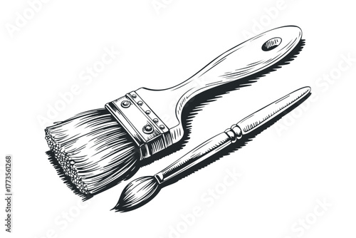 Two paint brushes, one large and one small, shown in a black and white illustration
