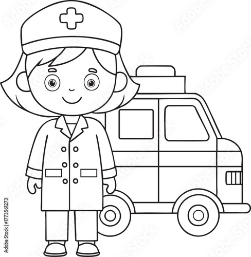 Adorable cartoon paramedic and ambulance coloring page for kids educational fun