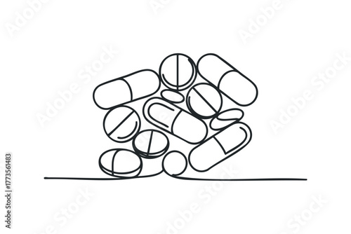 Pile of Pills and Capsules Simple Outline