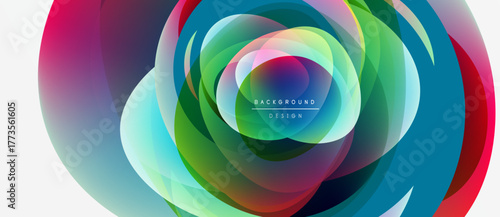Abstract colorful layers create dynamic circular design. Vibrant hues blend, forming modern background element. Smooth gradients suggest movement, depth.