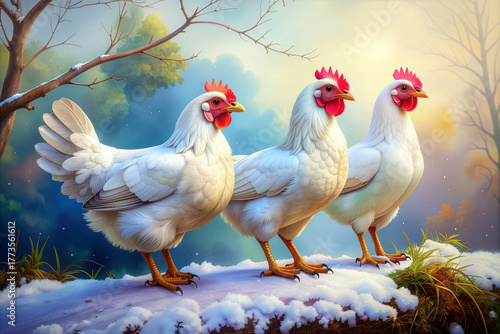 Three French Hens. Third day of the 12 days of Christmas. Watercolor style.