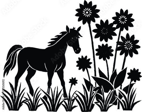 Flower Meadow With Grazing Horse Silhouette | Horse In Colorful Spring Field Silhouette
