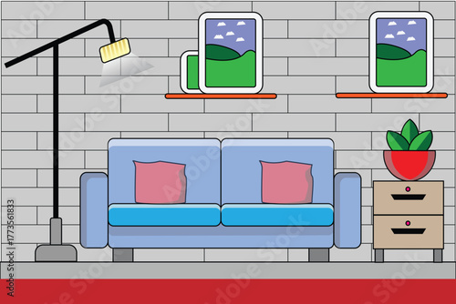 Cozy living room interior with a blue sofa, brick wall, and decorative elements creating a warm ambiance