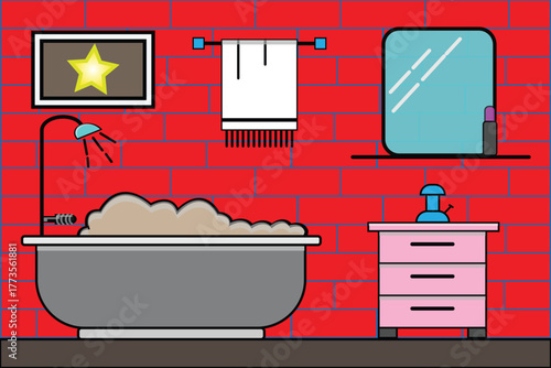 Vibrant bathroom interior featuring a bathtub, vanity, and mirror against a red brick wall backdrop