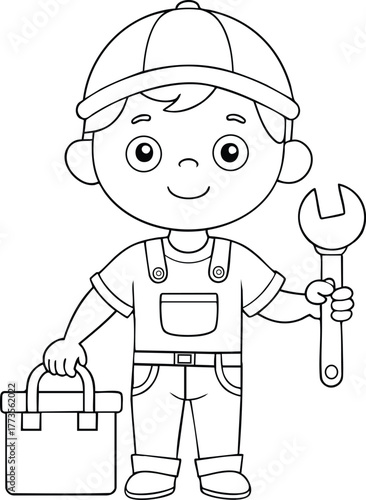 Cute cartoon plumber child holding tools ready for plumbing work and toolbox fun