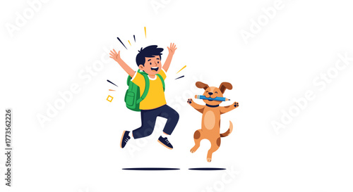 A delighted young student with a green backpack leaps happily, celebrating a new school year with his playful dog who carries a pencil, embracing education and fun.